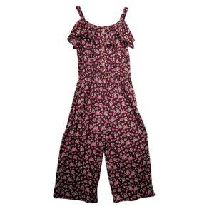 Justice XL PLUS Floral Cold Shoulder Jumpsuit Ruffle Wide Leg Burgundy Pink